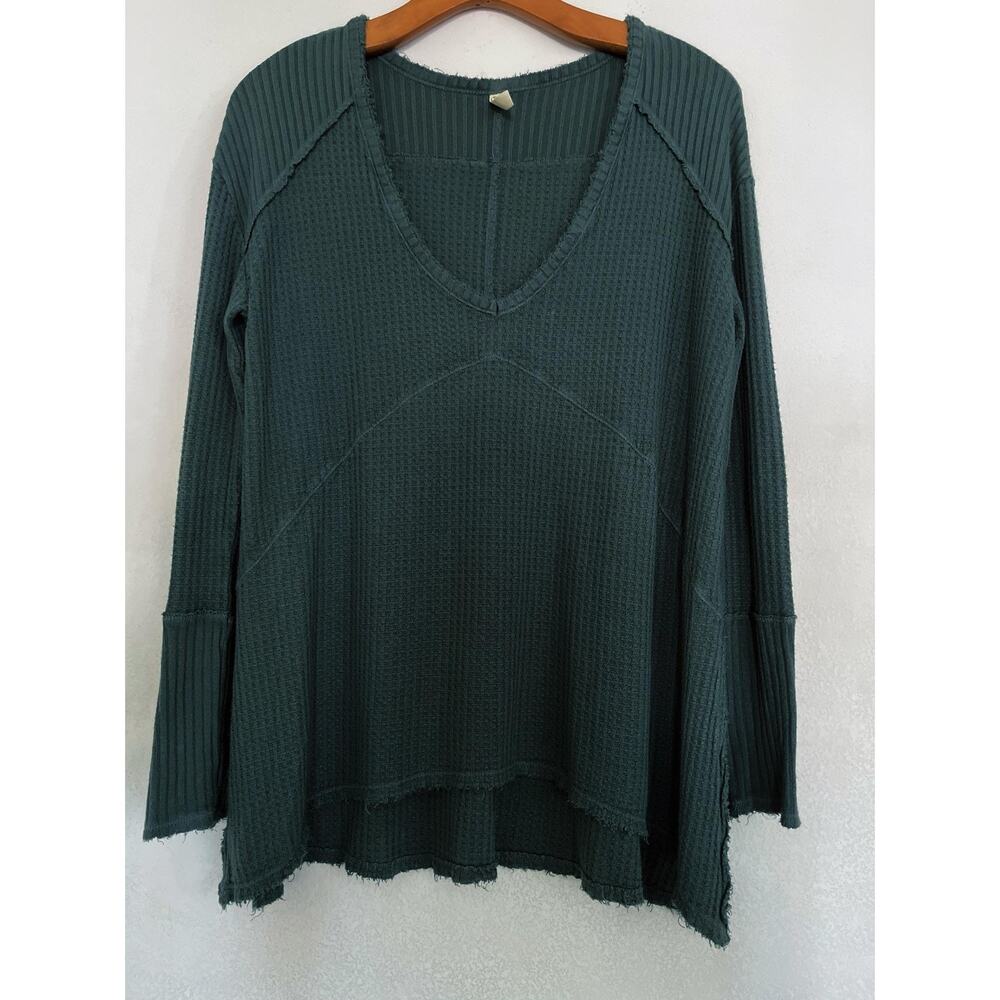Free People Shirt Womens S Green Waffle Knit V Neck Long Sleeve Tunic Top